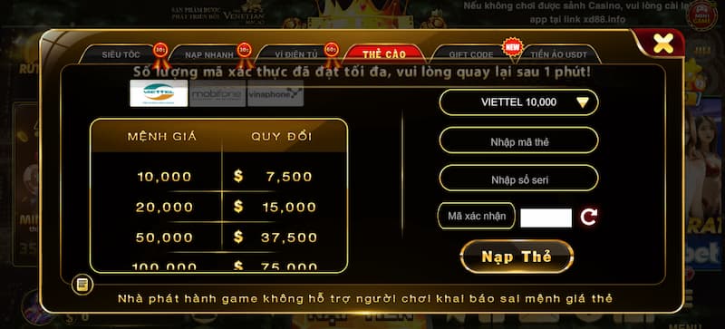 Nạp tiền 4 Gửi tiền ví game nhà cái qua thẻ cào