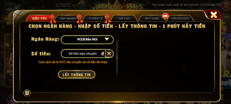 Nạp tiền 1 Nạp tiền Xocdia88 siêu tốc trong 30s