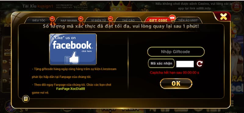 Nạp tiền 5 giftcode vào ví game Xocdia88