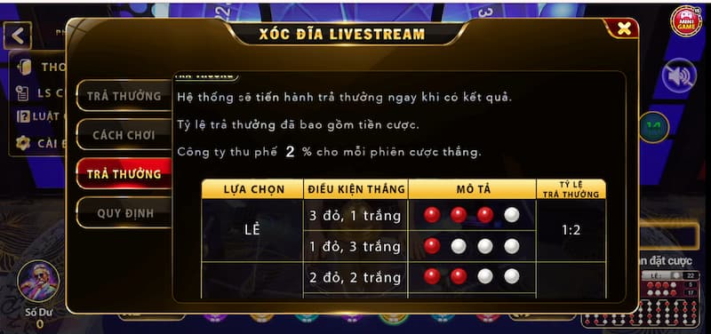 Cách chơi xóc đĩa cơ bản tại nhà cái Xocdia88 dành cho newbie 3 Tỷ lệ trả thưởng xóc đĩa tại Xocdia88